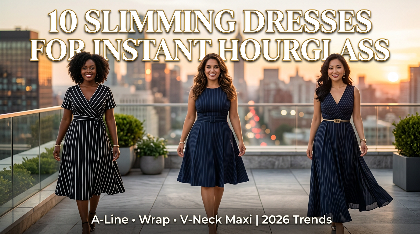 hree diverse women modeling slimming A-line, wrap, and V-neck maxi dresses in navy and black, showcasing instant hourglass figures against golden hour backdrop with bold '10 Slimming Dresses' text overlay.